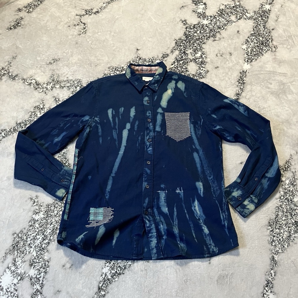 Sun Stone Shirt Mens Size Large Blue Textured Button Up Abstract Cotton